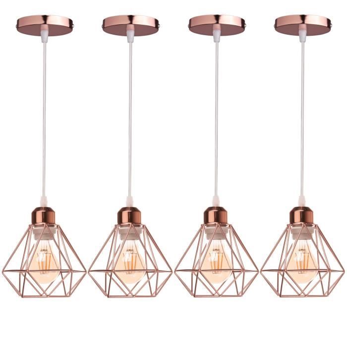 UNI 4PCS Lustre Suspension E27 16CM Cage Diamant en Métal Doré Rose Plafonnier Luminaire pour Couloir Escalier Chambre