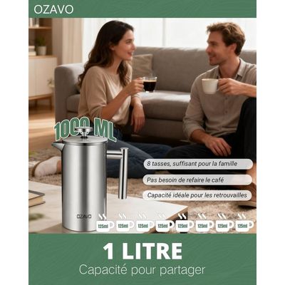 Cafetière à Piston Isotherme Oliver's Kitchen 1 Litre - Double Paroi, Design élégant