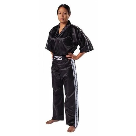 Pantalon Kickboxing Satin Noir Avec Rayures Blanches - Taille élastique Pour Enfants Et Adultes - Qualité Renforcée