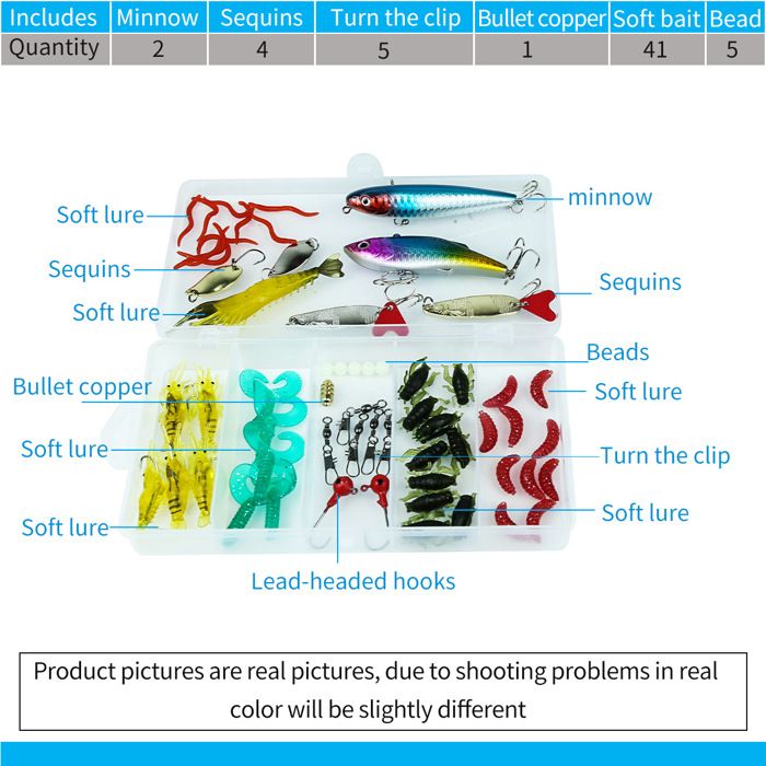 Kit Pêche 104 Pièces - Leurres Truite Brochet | Boîte Transparente | Pour Eau Douce Et Salée