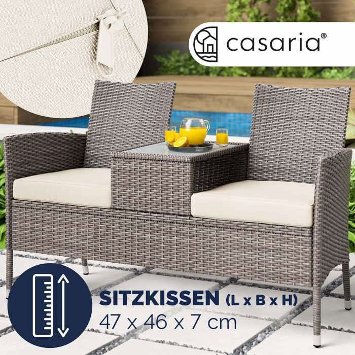 Salon De Jardin 4 Places En Polyrotin Crème - Table, 2 Chaises, Banc, Coussins Inclus - Résistant Intempéries, Plateau Verre 5 Mm - CASARIA