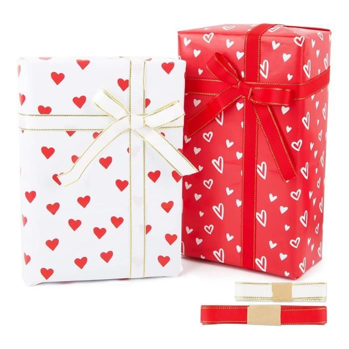 Papier cadeau Saint-Valentin fond rouge, coeurs brillants - 0,70 x