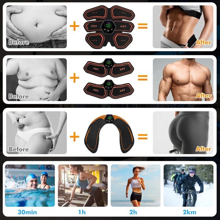 Electrostimulateur Musculaire EMS - Ceinture Abdo, Bras, Jambes - 6 Modes, 19 Intensités - Entraînement à La Maison