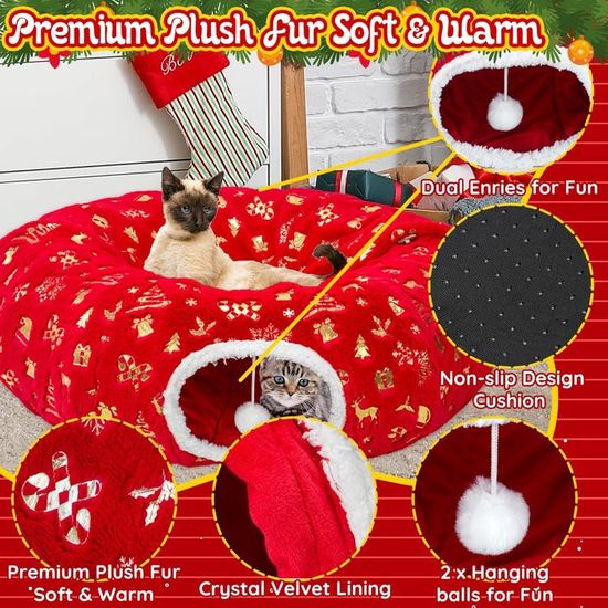 Tunnel De Jeu Pour Chat - Niche Douillette 3 Ouvertures Avec Tapis - Jouet Interactif