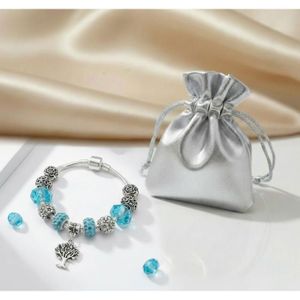 Bracelet Charms En Argent 925 Avec Perles De Murano Fleur Bleue - Longueur Réglable 18-21cm, Neuf