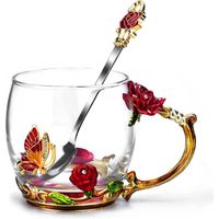 Tasse à Thé Avec Cuillère, 330ml Verre Rose Papillon émail, Cadeau pour Femme, Maman pour Anniversaires et La Fête des Mères