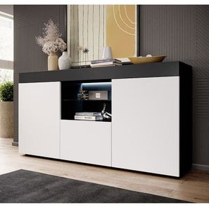 Bahut Sefora | L 135 x H 73 x P 34 cm | Meuble en mélanine mate avec éclairage LED | Couleur Noir et Blanc