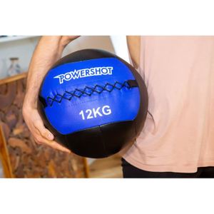 MEDECINE BALL Wall Ball 12kg - POWERSHOT - Fitness - Noir et Bleu - Cuir synthétique - Renforcement musculaire et cardio