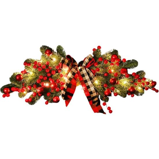Couronne De Noël Artificielle 16 Pouces (40cm) Avec Baies Rouges Et Ruban à Carreaux