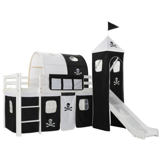 LEXLIFE Lit mezzanine enfant avec toboggan et échelle - 90 x 200 cm - Lit surélevé en bois pinède Style pirate - Noir et blanc