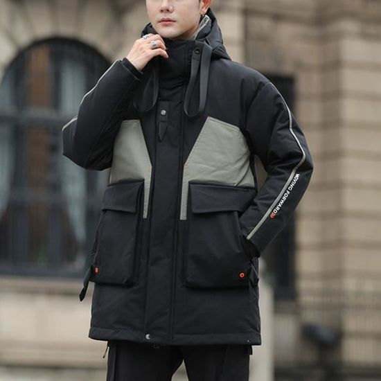 Doudoune Homme Bicolore Mi Longues A Capuche Col montant Noir