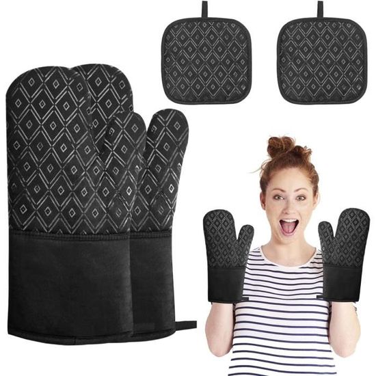 Ensemble De 2 Maniques Et 2 Gants De Cuisine Isolants - Motif Pissenlit Noir - Résistants à La Chaleur - Avec Boucle De Suspension
