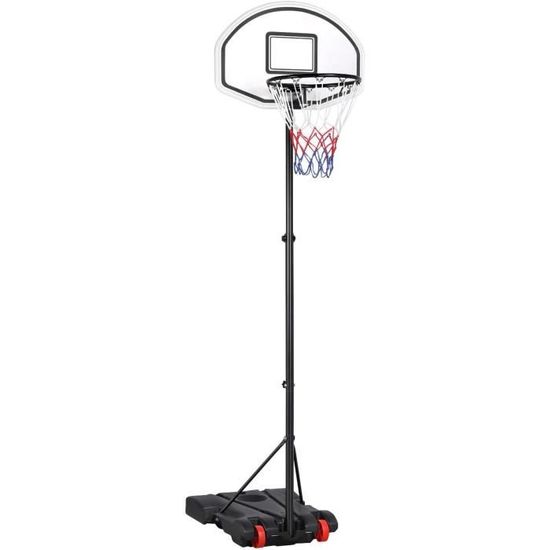 HOMCOM Panier De Basket Extérieur – Hauteur Réglable 155-210 Cm – Base Lestable Eau/sable – Roulettes – Filet Bleu Blanc Rouge