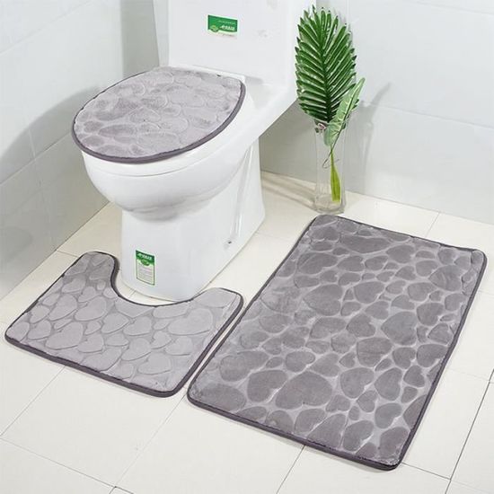 3 pièces tapis de bain kits flanelle coeurs en relief antidérapant baignoire baignoire U-forme tapis de toilette couverture(gris)