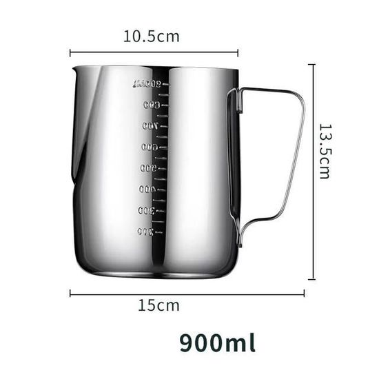 Pot à Lait Inox 900 Ml Wrobic - Pour Cappuccino, Latte - Bec Verseur Précis, Graduation Intérieure - Argent