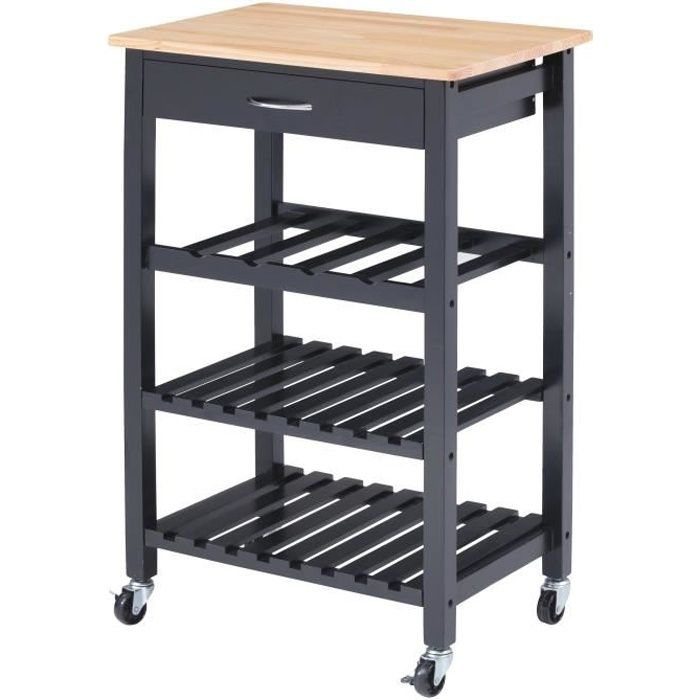 ANDRIA Desserte cuisine à roulettes plateau pin massif L 58 cm - Noir laqué