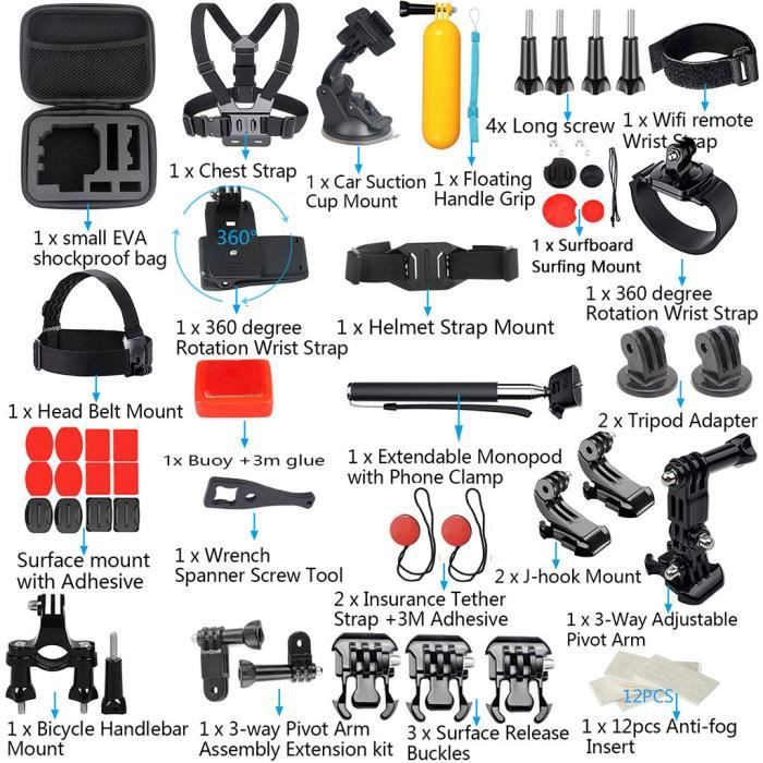 CAMERA SPORT - CAMERA FRONTALE Pour GoPro Accessoires Hero7 - 6-5-4-3 Bundle Kit de sport en plein air pour appareil photo Kit