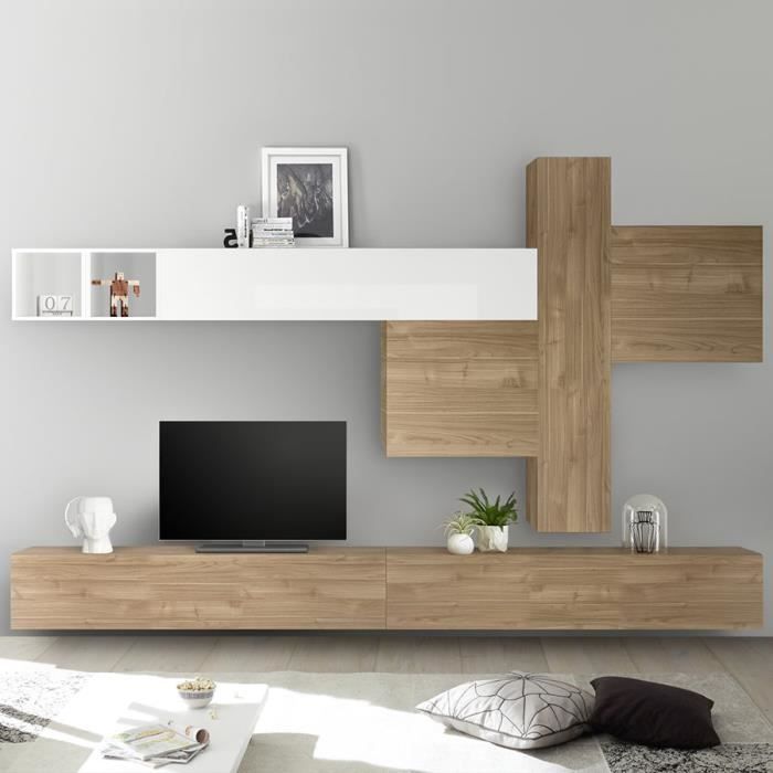 Meuble TV mural chêne et blanc laqué OSTERIA Marron L 275 x P 30 x H 200 cm