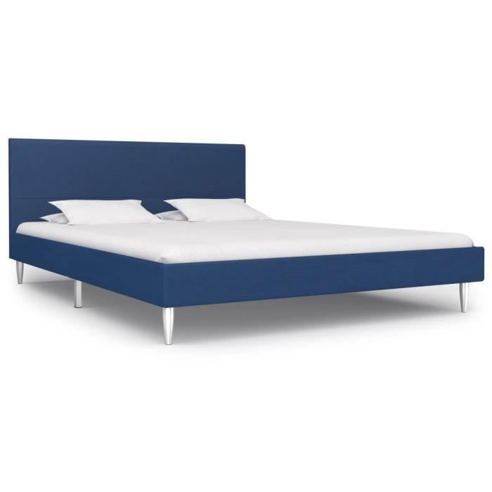 Cadre De Lit Bleu Marine : Double 140*200 cm - Lit Design Moderne En Tissu Doux - Sommier à Lattes Inclus - Pied En Fer Durable