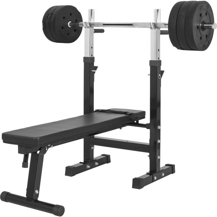 Banc de musculation GS006 + Set disques en plastique et barre longue 37KG