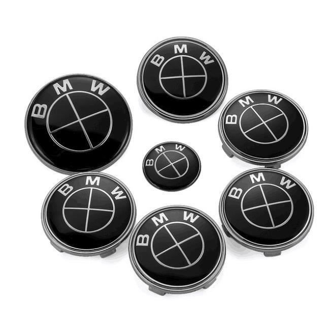 KIT 7 Badge LOGO Embleme Tout Noir BMW Capot + Coffre 74mm +Volant + 4 centre de roue