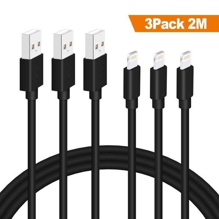 Lot de 3 Câble iPhone vers USB 2m Noir Chargeur Lightning Résistant pour iPhone X 8 7 6 5 Se 5S 6s