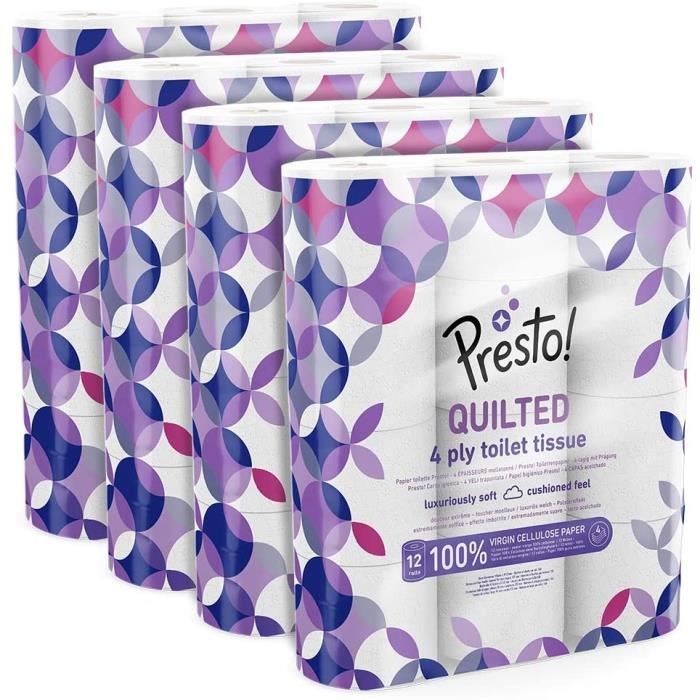 Marque Amazon - Presto! Papier toilette 4 épaisseurs - MATELASSÉ - Lot de 48 (4x12x160 feuilles) - Motif: Gemme