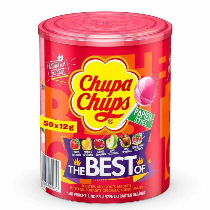 CHUPA CHUPS Tubo de 50 sucettes Best Of - Parfums pomme, fraise, cola et lait fraise