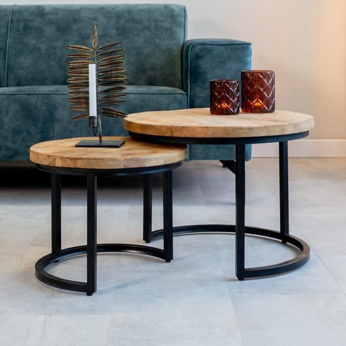 Calla Table Basse Industrielle Ø55 / 42 cm - Bois Massif 3cm