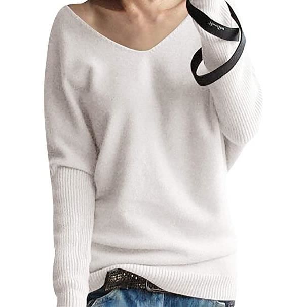 Pull Femme Laine Maille Col V Hiver Chaud Manches Longues Tricot Chandail Pullover Top