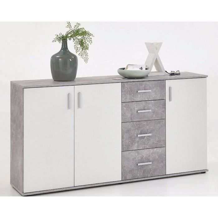 Buffet 3 portes coloris gris béton LA-blanc brillant - Dim : 160 x 83 x 35 cm