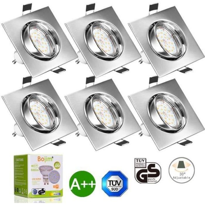 QN36110-Bojim Lot x 6 Spots LED Encastrables Carré avec Ampoules GU10 Blanc Neutre 6W 4500K 600lm eqv. 54W IP20 Non Dimmable