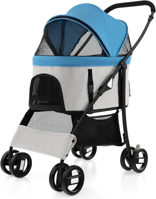 Meilleurs prix pour GOPLUS 3 en 1 Poussette Pliable pour Chien Chat Siège Amovible Auvent Réglable Entrée en Maille Zippée Panier de Rangement
