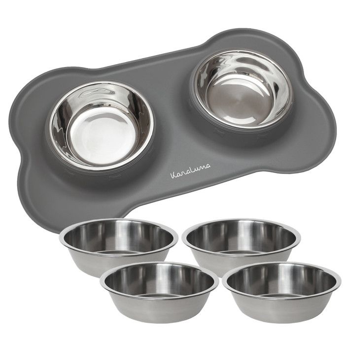 Meilleurs prix pour Tapis pour écuelle avec 4 gamelles - KaraLuna - Ecuelle pour chien et chat - Gamelles pour chiens - Tapis Gamelle (M/gris)