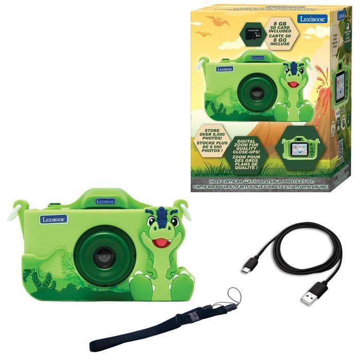 Lexibook - Appareil photo enfant avec protection - 4 en 1 - Dinosaure - Carte mémoire 8go - Étui - Photo Vidéo MP3 jeux