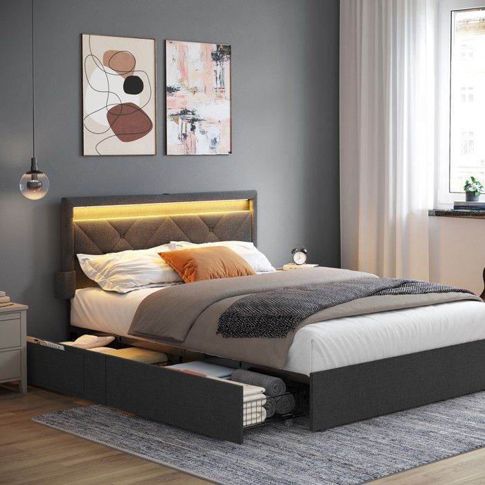 Lit Complet Double 140 x 190 cm avec LED 4 Tiroirs Multiprise Tête de Lit Ajustable Pas Besoin de Sommier Gris et Noir