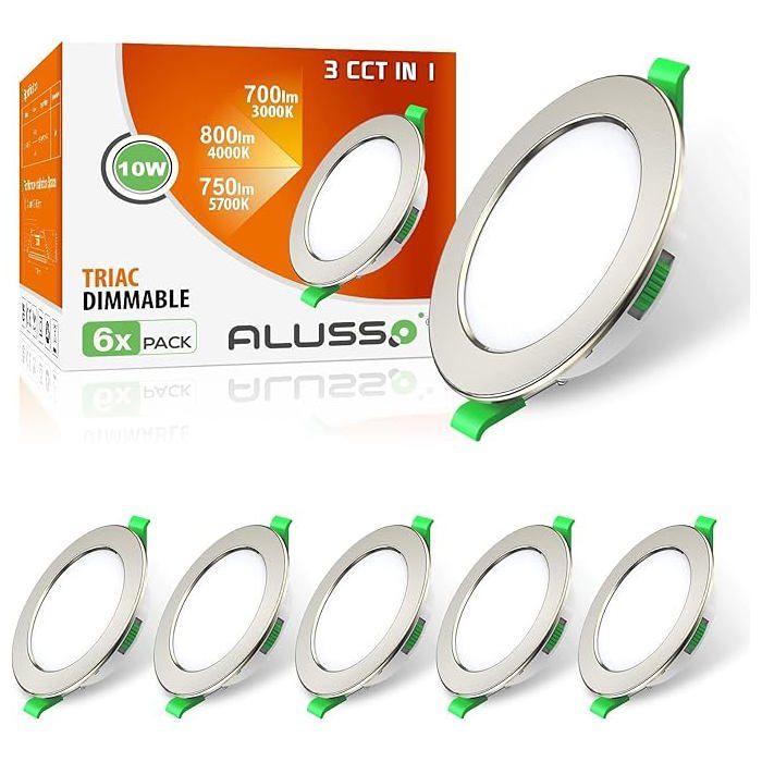 ALUSSO LED Spot Encastrable Nickel 10W 800LM Dimmable 3000K/4000K/6500K réglable IP44 Trou Φ125-135mm éclairage Plafond Lot de 6