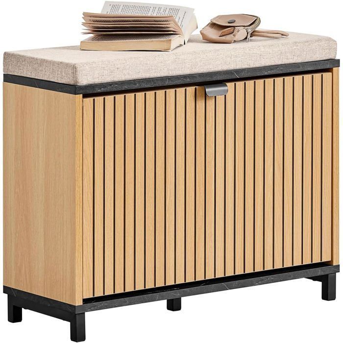 SoBuy Banc à Chaussures Entrée avec Assise Rembourrée et Rangement Rabattable Meuble Gain de Place Noir Bois Clair 60x24x50cm SoBuy Banc à Chaussures Entrée avec Assise Rembourrée et Rangement Rabattable Meuble Gain de Place Noir Bois Clair 60x24x50cm