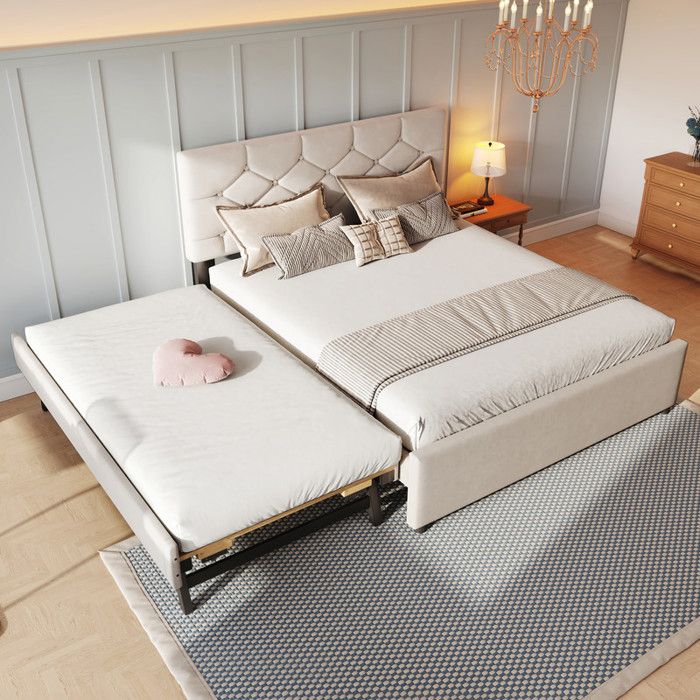 Lit gigogne - MODERNLUXE - 140x200 cm -Canapé-lit - Velours beige - Sommier à lattes