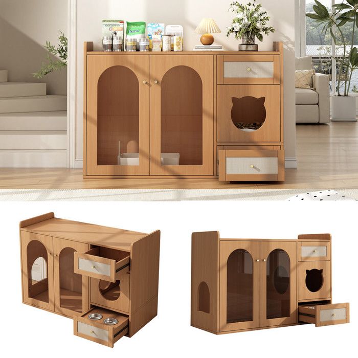 Meilleurs prix pour Maison multifonctionnelle pour chats - Noyer - 120x45x83 cm - MDF+verre - Armoire à litière 5-en-1