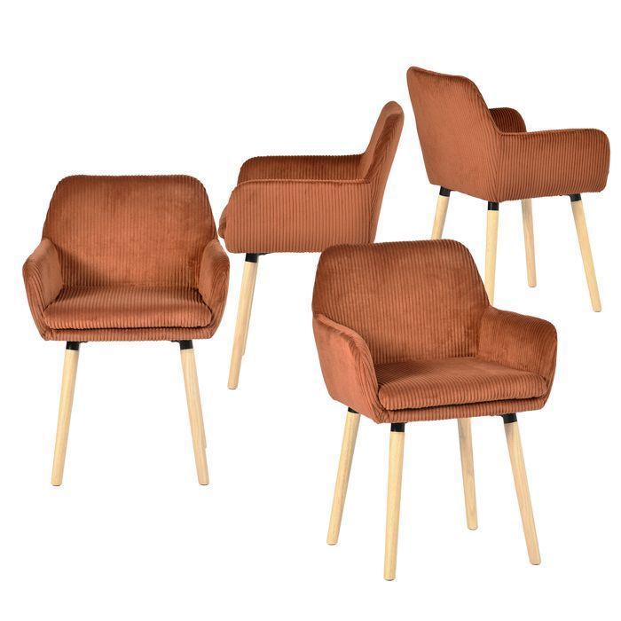 MEUBLES COSY Lot de 4 chaises de salle à manger de style scandinave avec pieds en bois accoudoirs en velours côtelé Terracotta- ELIA