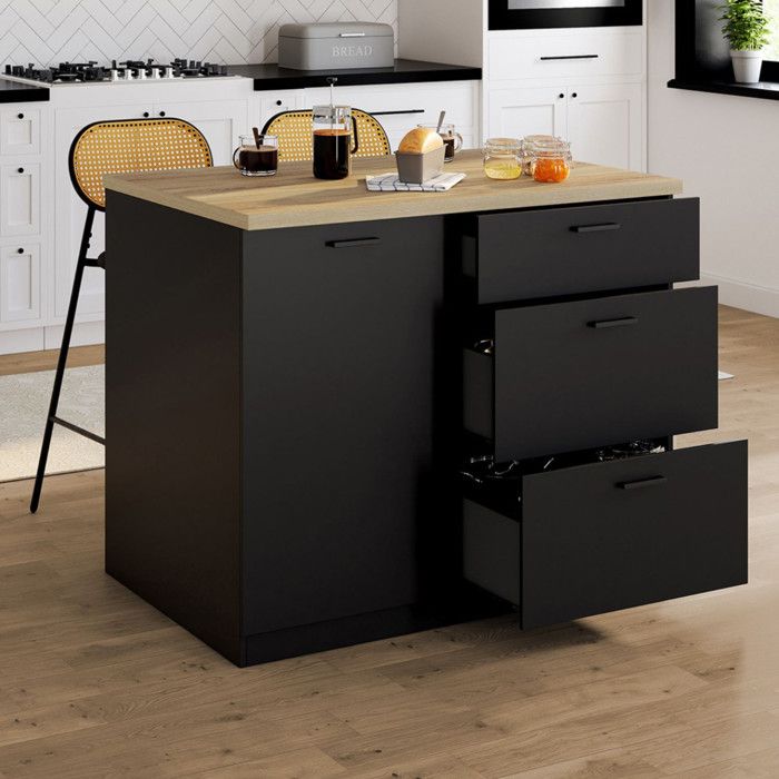 IDMARKET Ilot central TIBO 110 cm casserolier 3 tiroirs bois noir avec plan de travail façon hêtre IDMARKET Ilot central TIBO 110 cm casserolier 3 tiroirs bois noir avec plan de travail façon hêtre