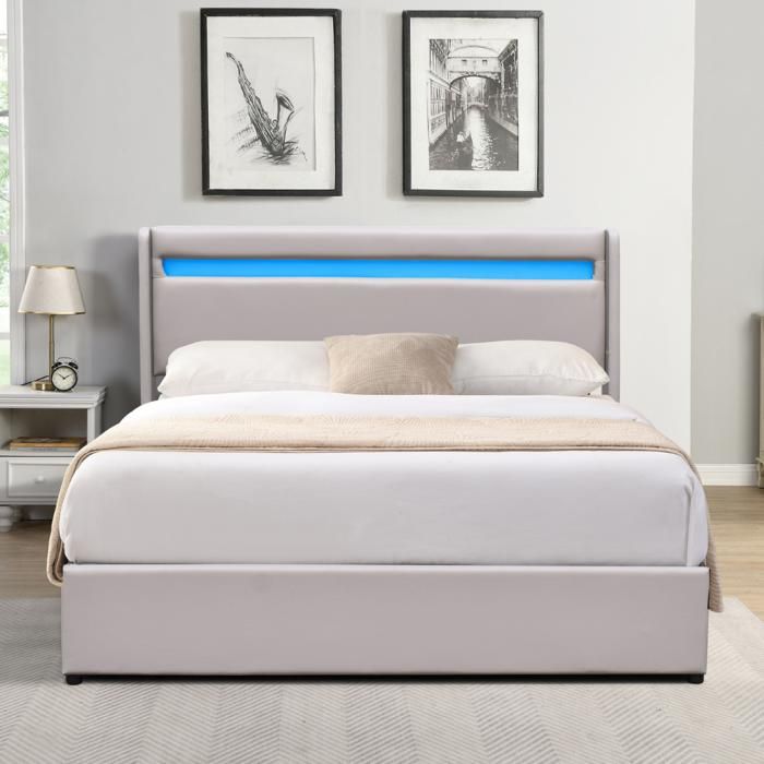 Lit coffre déhoussable - KING OF DREAMS - 160x200 cm - Tête de lit LED - Montage rapide - PVC facile dentretien