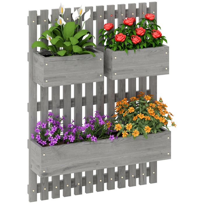 Jardinière murale - Outsunny - avec 3 bacs en bois massif amovibles tissu non tissé - 60 x 16 x 80 cm - gris