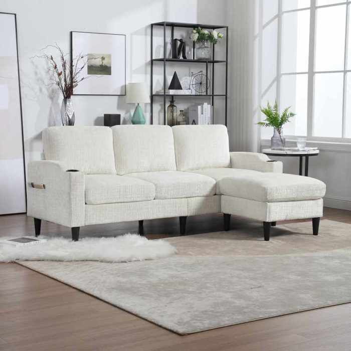 Canapé 4 places - LANGTU - Modulable avec pouf coffre - Tissu chenille blanc - Accoudoirs porte-gobelets