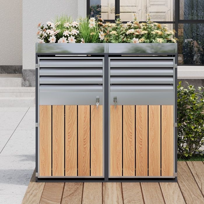 Armoire à Poubelle Double avec Bac à Plantes Intégré-2Compartiments Verrouillables Indépendants-pour Jardin Terrasse