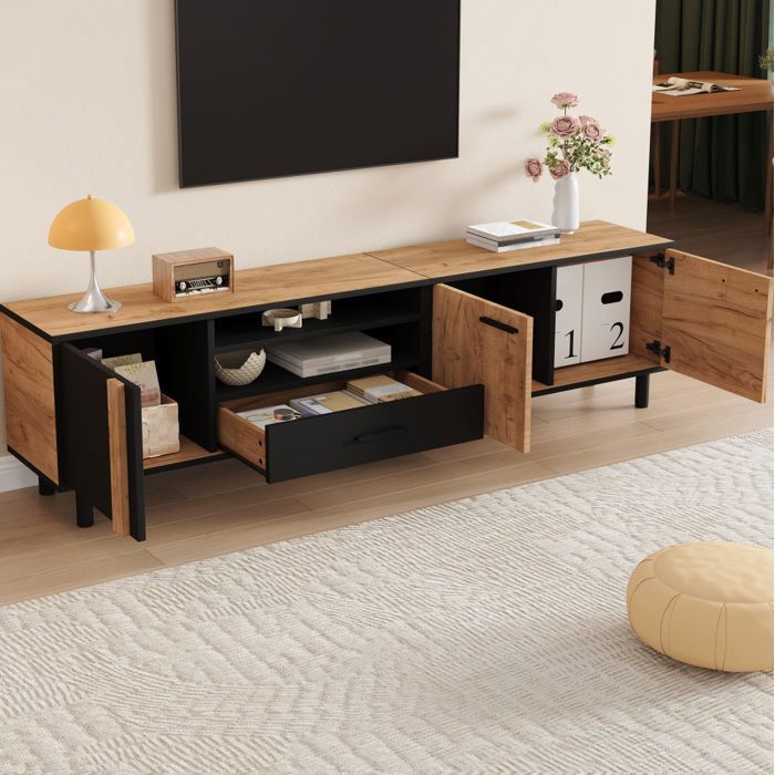 Meuble TV noir et bois L 180 x P 32 5 x H 50 cm 3 portes + 1 tiroir 5 pieds montage nécessaire