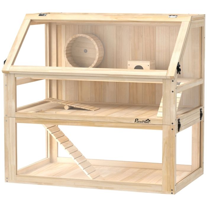 Cage à hamster en bois - 3 étages - 80x50x76 cm - Bois naturel - Couvercle rabattable - Roue incluse