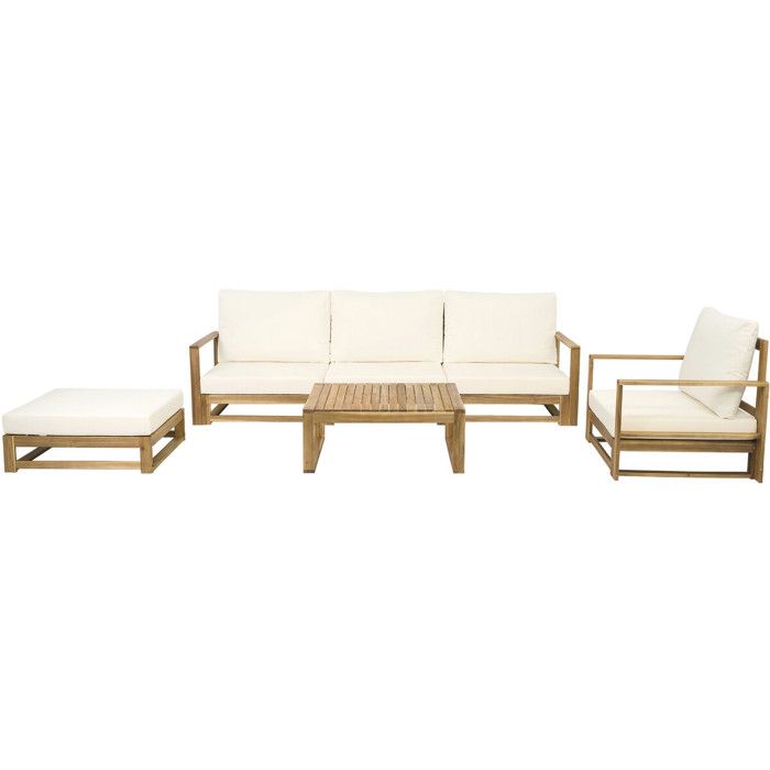 Salon de jardin en bois modulable avec coussins Bellingham - 5 places - Beige