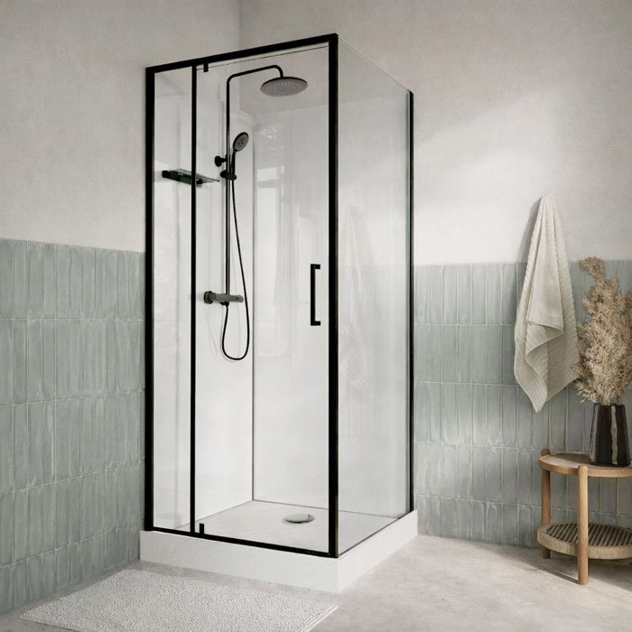 Cabine de Douche Carrée 90x90 - Colonne Thermostatique Noire et Receveur Haut Effet Pierre